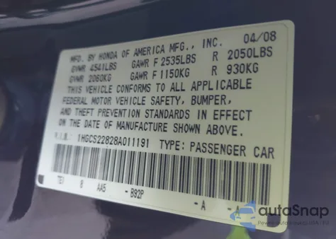 2008 Honda Accord 3.5 Ex-L from USA, damaged, VIN 1HGCS22828A011191